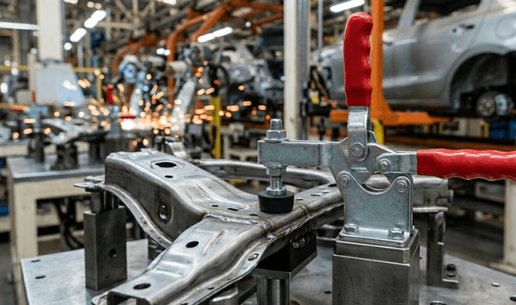toggle clamps in automotive assembly line India securing metal components during manufacturing process